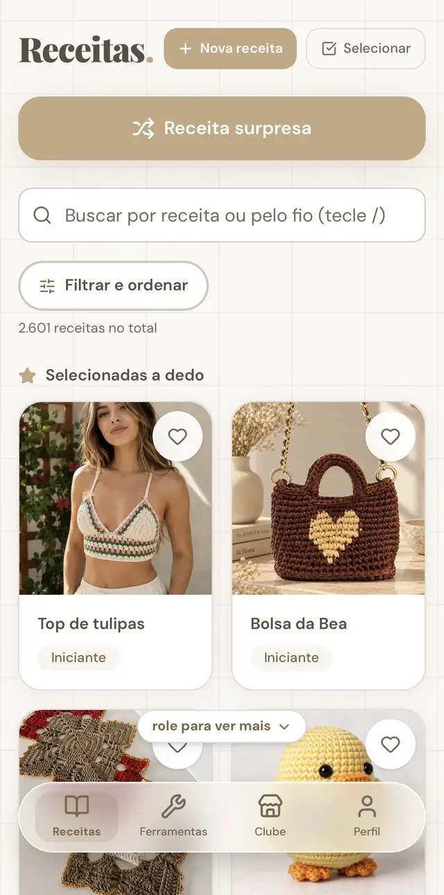 Tela Receitas do app: busca, filtros, 2.601 receitas no total e cards Top de tulipas e Bolsa da Bea