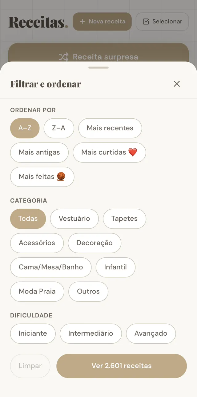 Painel Filtrar e ordenar: por categoria (vestuário, tapetes, acessórios, decoração, infantil, moda praia) e dificuldade